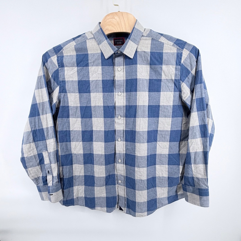 UNTUCKit Men XXL Shirt Blue Gray Plaid Cotton Long Sleeve Casual Button Down 2XL